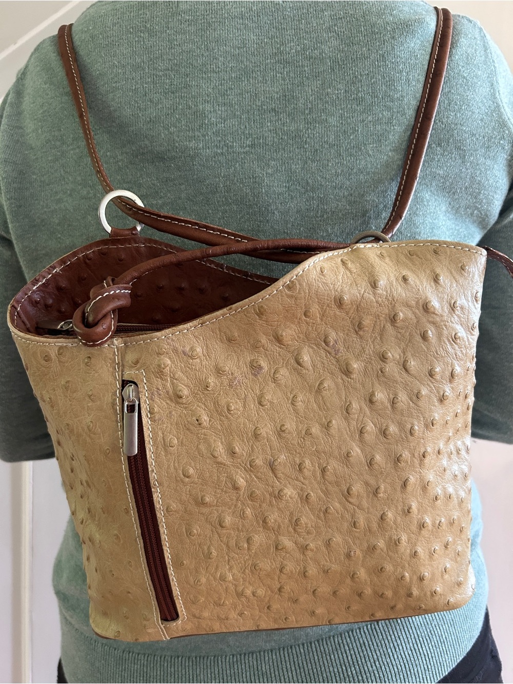 Made in Italy Genuine Leather Ostrich Embossed Convertible Handbag